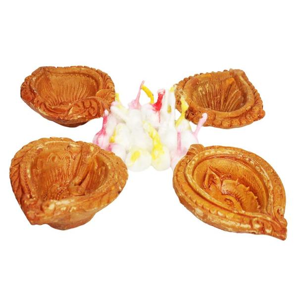 Traditional Terracotta Clay Diya- Pack of 4- with Cotton Wicks
