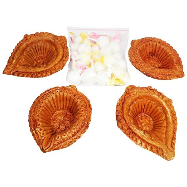 Traditional Terracotta Clay Diya- Pack of 4- with Cotton Wicks