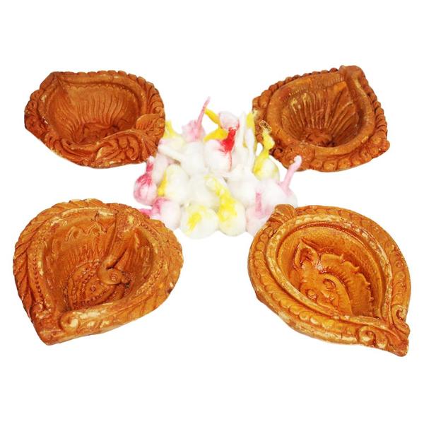 Traditional Terracotta Clay Diya- Pack of 4- with Cotton Wicks