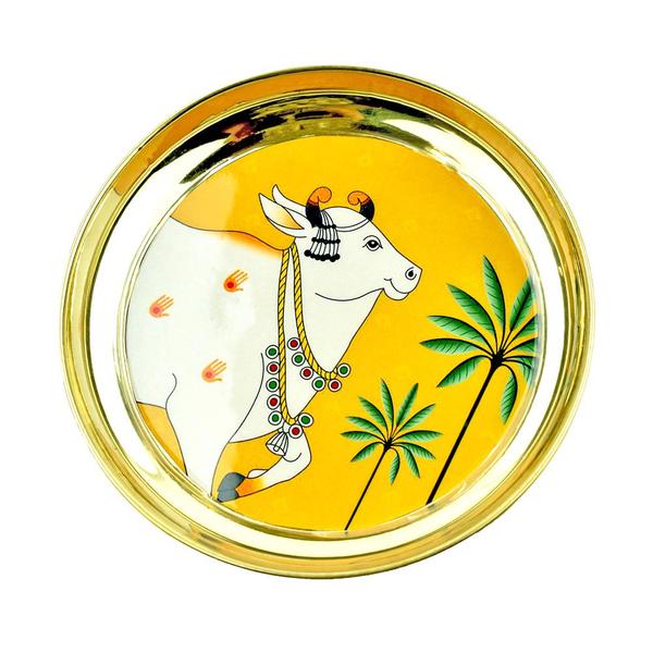 Kamdhenu Cow Design 6 Inch Handcrafted Brass Thali/Aarti Plate . Puja Aarti Thali for Home Temple, Gifts for Puja Ceremony, Brass Pooja Plate, Decorative Thali,