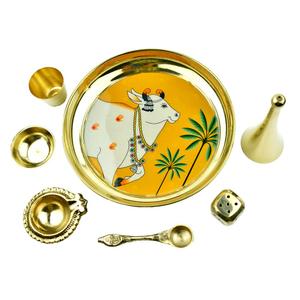Kamdhenu Cow Design 6 Inch Handcrafted Brass Thali/Aarti Plate . Puja Aarti Thali for Home Temple, Gifts for Puja Ceremony, Brass Pooja Plate, Decorative Thali,