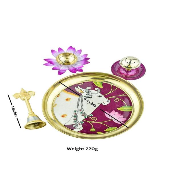 Traditional Handcrafted Brass Puja | Pooja Thali Set | A Bartan Thambulam Plate Set for Several Occasions- Cow Design Plate-Small 6 inch Puja Set(Diya Bell Dhoop Dan)