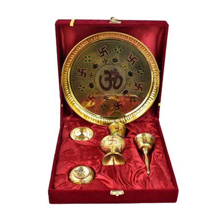 Brass Meenakari Puja Thali Set – 9" Gold-Plated Thali with Diya, Bell, Agarbatti Stand, Katori & Glass | 6-Piece Spiritual Gift Set with Elegant Gift Box for Diwali, Navratri, Karwa Chauth & Pooja