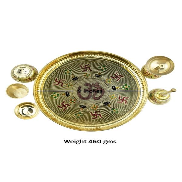 Brass Meenakari Puja Thali Set – 9" Gold-Plated Thali with Diya, Bell, Agarbatti Stand, Katori & Glass | 6-Piece Spiritual Gift Set with Elegant Gift Box for Diwali, Navratri, Karwa Chauth & Pooja