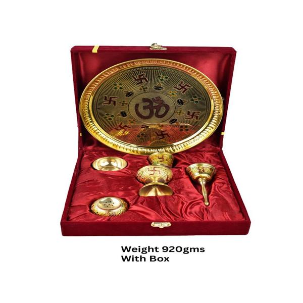 Brass Meenakari Puja Thali Set – 9" Gold-Plated Thali with Diya, Bell, Agarbatti Stand, Katori & Glass | 6-Piece Spiritual Gift Set with Elegant Gift Box for Diwali, Navratri, Karwa Chauth & Pooja
