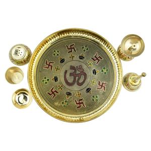Brass Meenakari Puja Thali Set – 9" Gold-Plated Thali with Diya, Bell, Agarbatti Stand, Katori & Glass | 6-Piece Spiritual Gift Set with Elegant Gift Box for Diwali, Navratri, Karwa Chauth & Pooja