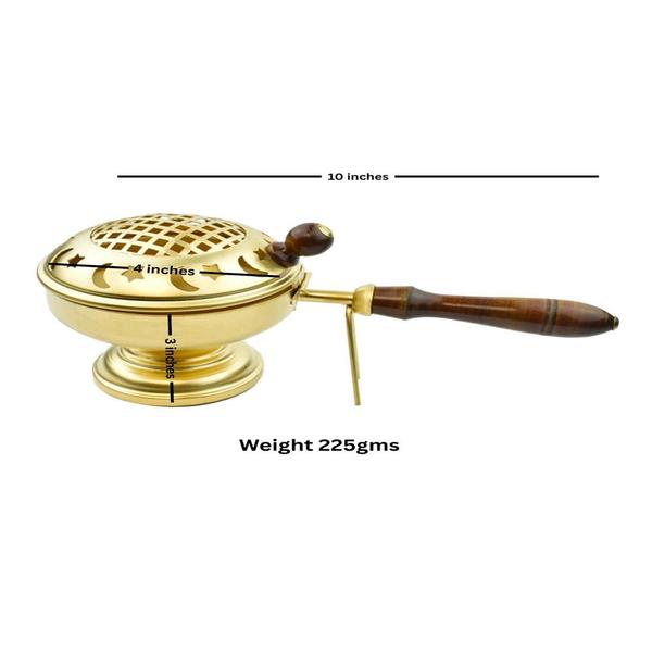 Brass Dhoop Burner with Round Dome | Traditional Dhoop Dani for Pooja, Aarti & Meditation | Incense Holder with Wooden Handle
