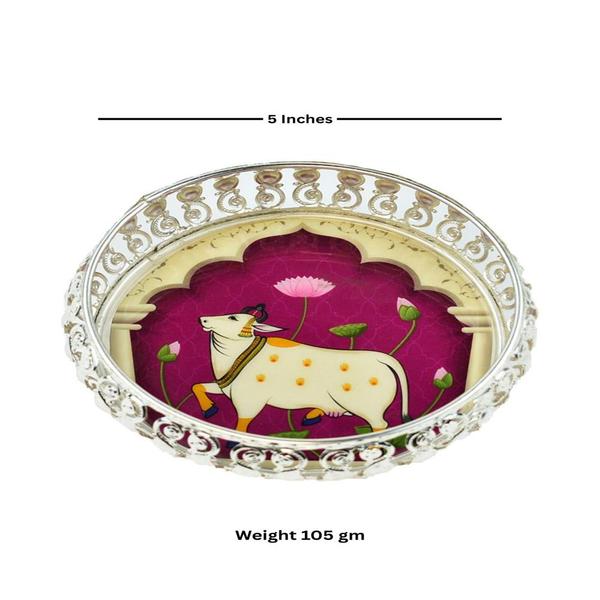Silver Mina Tray - Painted with Pichwai Art