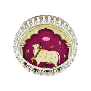 Silver Mina Tray - Painted with Pichwai Art