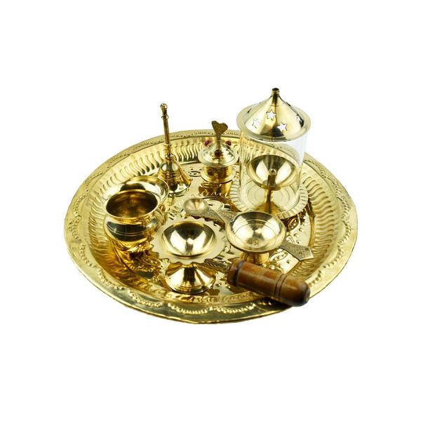 Pooja Thali Set 9 Inch with Pital Puja Plate Kalash Achmani Ghanti Diya Chandan Wati  Loban Dhoop Burner long Diya Sindoor Dibbi for Diwali Home Office Mandir Wedding Return Gift Items