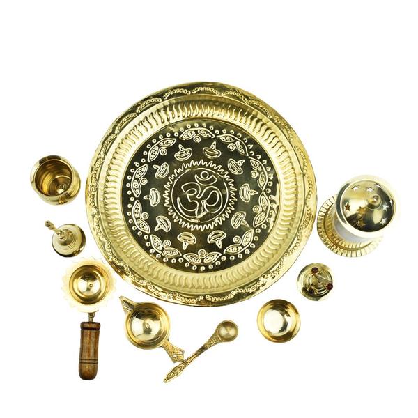 Pooja Thali Set 9 Inch with Pital Puja Plate Kalash Achmani Ghanti Diya Chandan Wati  Loban Dhoop Burner long Diya Sindoor Dibbi for Diwali Home Office Mandir Wedding Return Gift Items