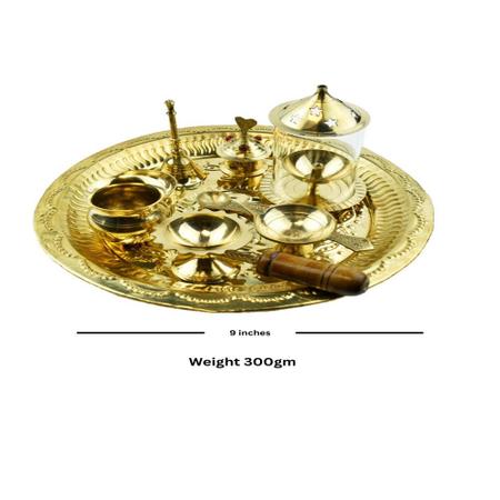 Pooja Thali Set 9 Inch with Pital Puja Plate Kalash Achmani Ghanti Diya Chandan Wati  Loban Dhoop Burner long Diya Sindoor Dibbi for Diwali Home Office Mandir Wedding Return Gift Items