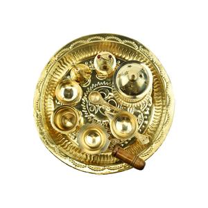 Pooja Thali Set 9 Inch with Pital Puja Plate Kalash Achmani Ghanti Diya Chandan Wati  Loban Dhoop Burner long Diya Sindoor Dibbi for Diwali Home Office Mandir Wedding Return Gift Items