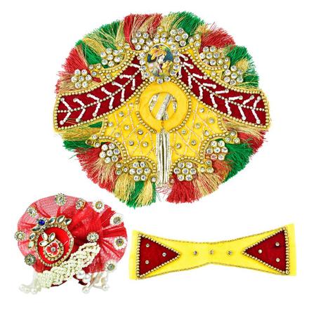 Dress in Yellow, Red and Green Color with Red Pagdi | Beautiful Laddu Gopal Dress/Laddu Gopal Designer Dress/Lord Krishna size 6 Inches