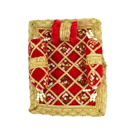 Laddu Gopal Red Velvet And Golden Work Bedding Set Size 8 inches by 6 inches