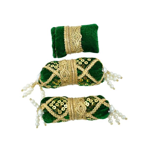 Laddu Gopal Green Velvet And Golden Work Bedding Set Size 8 inches by 6 inches