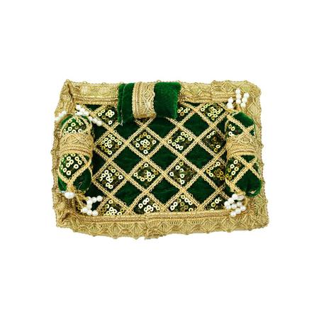 Laddu Gopal Green Velvet And Golden Work Bedding Set Size 8 inches by 6 inches