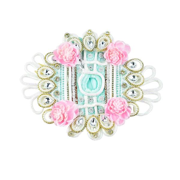 Laddu Gopal Handmade Heavy Work Dress With Pagdi |Laddo Gopal Dress |kanha Ji Dress| Sea Green With Pink Flower Size 6 Inches|