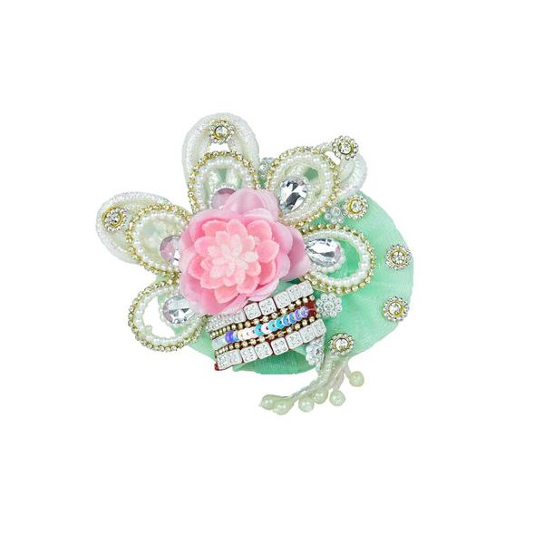 Laddu Gopal Handmade Heavy Work Dress With Pagdi |Laddo Gopal Dress |kanha Ji Dress| Sea Green With Pink Flower Size 6 Inches|