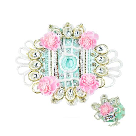 Laddu Gopal Handmade Heavy Work Dress With Pagdi |Laddo Gopal Dress |kanha Ji Dress| Sea Green With Pink Flower Size 6 Inches|