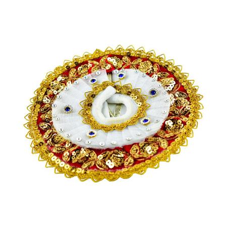 Laddu Gopal Dress White,Red, And Gold Embellished Poshak with Blue Stones | Special Festival Outfit for Bal Gopal/Krishna Idol (Size 6 Inches)
