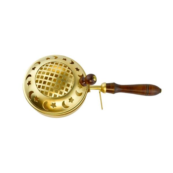 Loban Dhoop Dani Burner with Wooden Handle and Brass Dhoop Burner with Round Dome