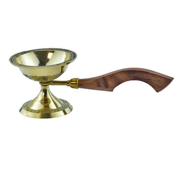 Loban Dhoop Dani Burner with Wooden Handle and Brass Dhoop Burner with Round Dome