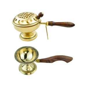 Loban Dhoop Dani Burner with Wooden Handle and Brass Dhoop Burner with Round Dome