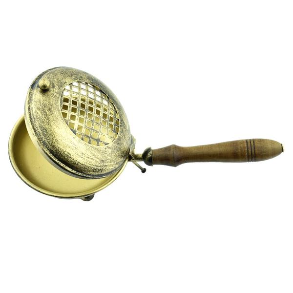 Antique Brass Loban & Dhoop Burner with Wooden Handle