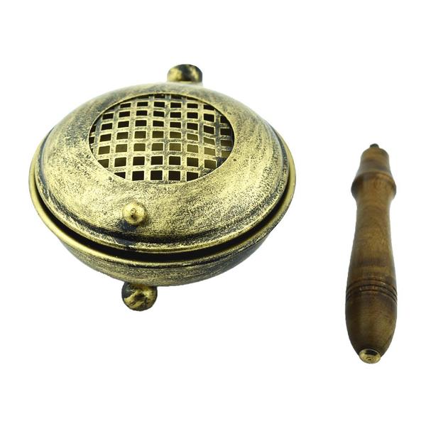 Antique Brass Loban & Dhoop Burner with Wooden Handle